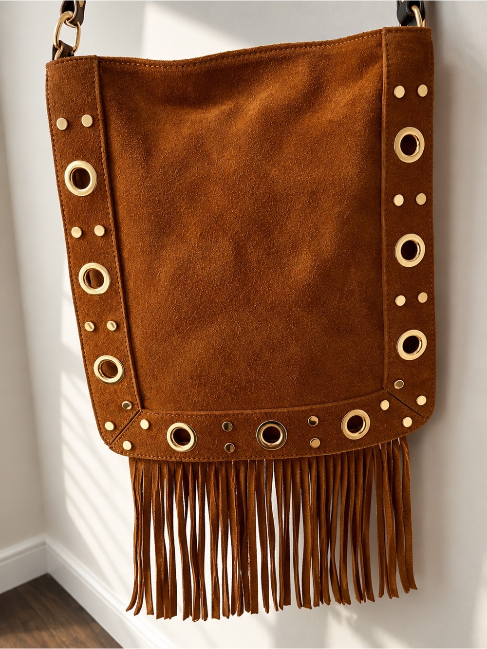 NWT Made in Italy Cognac Suede Fringe Bag | Boho Crossbody - Picture 2 of 8